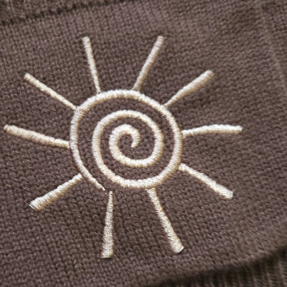 Cropped Brown Cardigan Sweater Embroidered Sun Pockets V-Neck Button Front Large - Picture 6 of 15